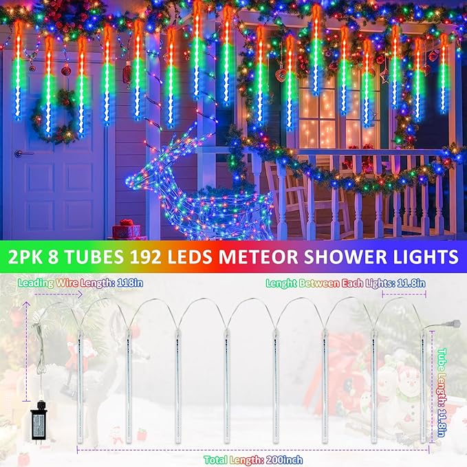 2-Pack Extendable Meteor Shower Christmas Lights Outdoor, 16 Tubes 384 LEDs Waterproof Falling Rain String Light, Christmas String Lights Outdoor for Tree Garden Patio Holiday Decorations (Multicolor)