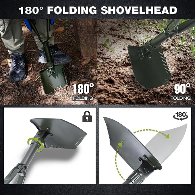 REDCAMP 23" Tri-Fold Folding Shovel for Camping & Car Emergencies, Heavy Duty Tactical Compact Snow/Mud Shovel with OCP Cover, High Manganese Steel Mini Survival Tool (3LBS, Green)