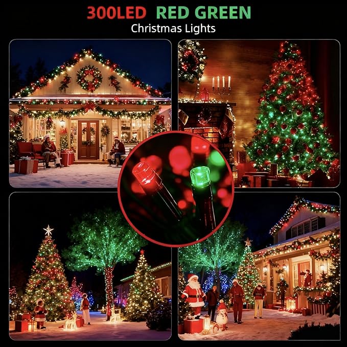 105FT 300 LEDs Red Green Christmas Lights Outdoor Indoor, Christmas Tree Lights Party Decorations, 8 Lighting Modes with Timer & Memory Function