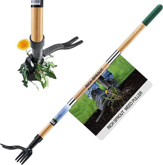 Stand Up Weed Puller Tool, Heavy Duty Weed Remover Tool with Long Handle, 3-Section Real Bamboo Construction - 4 Claw Steel Head Weeder Tool, Eco-Friendly Handle, No More Bendin