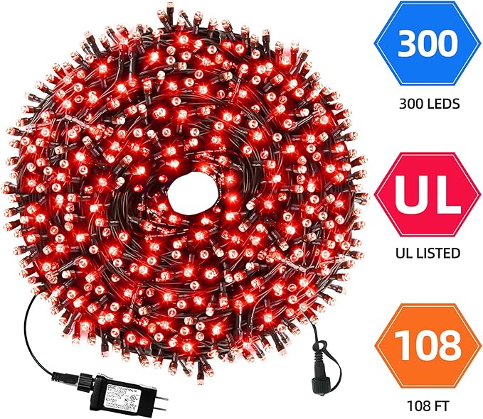 105FT 300LEDs Christmas Lights Outdoor Indoor 8 Modes for Christmas Tree Party Decoration, 100% UL Listed (Red, 105 FT)
