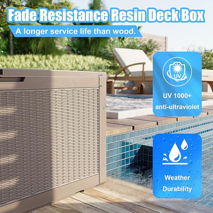DRATO 260 Gallon Deck Box, Outdoor Large Waterproof Resin Storage Box with Lockable Lid for Patio Cushions, Gardening Tools, Light Brown