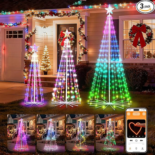 Christmas Cone Tree, 3 Pack 4/5/7FT 110/205/295 LEDs with Smart APP and Local Control, DIY Pattern and Text Displayable, IP65 Waterproof for Indoor Outdoor Decorations