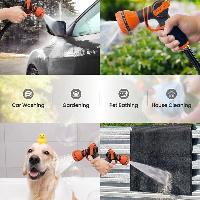 Giraffe Tools Garden Hose 25FT Lightweight Lay Flat Water Hose Kink Free Flexible Hose with 9 Spray Function Nozzle, Black