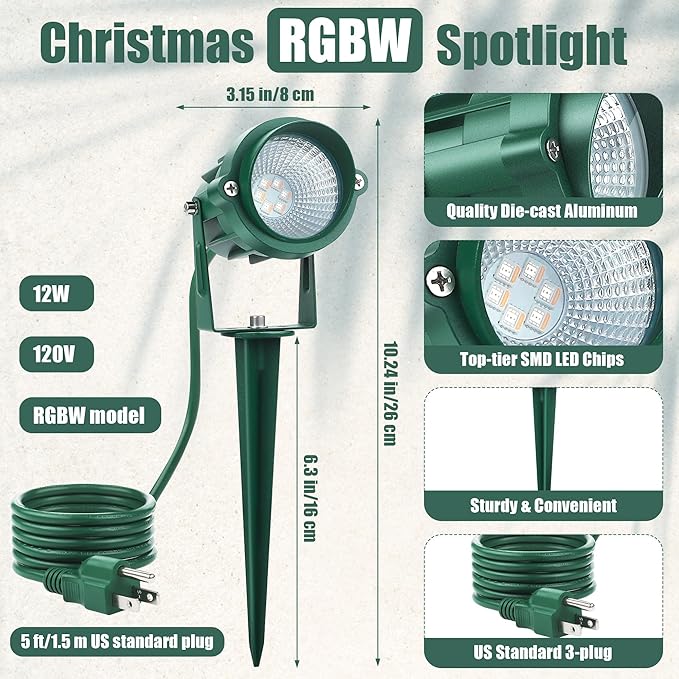 Fovths 2 Pack Christmas Spotlight 12W RGBW Outdoor Landscape Lights Spot Light with Remote Control IP65 Waterproof 120V Lights 16 Color Changing for Xmas Garden Path Yard Decor