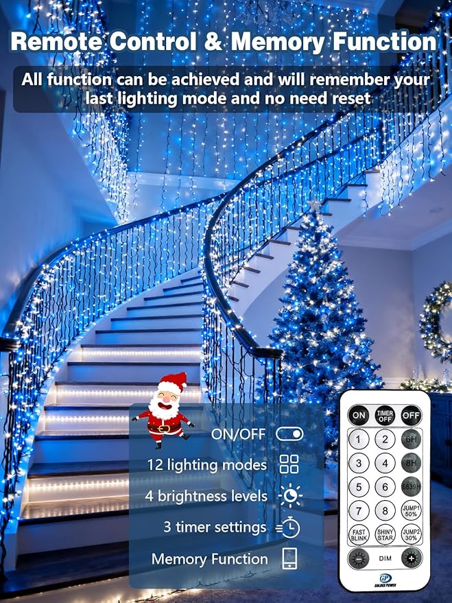 Voice Controlled Christmas Lights with Remote, 99 FT 300 LED String Lights Indoor Outdoor with 12 Modes 3 Timers, Dimmable Twinkle Light Plug in Waterproof for Xmas Tree Party Decor, White and Blue