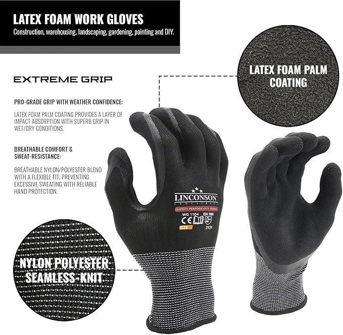 linconson 12 Pack Safety Performance Series Construction Mechanics Work Gloves