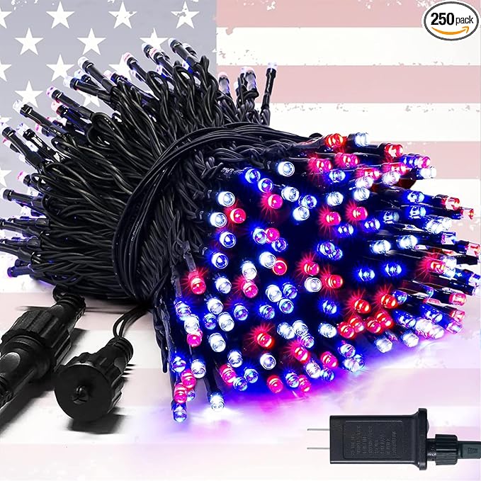 JMEXSUSS 250 LED Red White and Blue Lights for 4th of July Decorations - 91.5ft Connectable Patriotic Lights Outdoor Waterproof with 8 Modes for Home Yard Patio Party Decor
