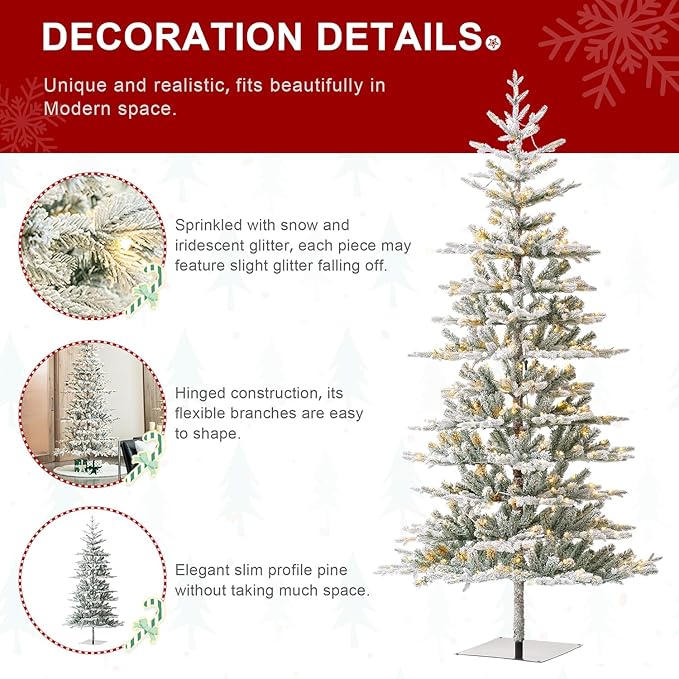 Glitzhome 8ft Deluxe Pre-Lit Flocked Artificial Christmas Tree, Majestic Frostfall Fir Hinged Holiday Xmas Tree with 450 Warm White Lights, Three Function, Easy Assembly