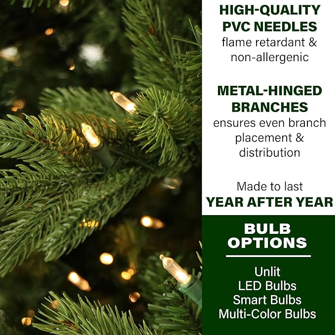 Fraser Hill Farm Woodside Pine Christmas Tree, 9 Feet Tall, Faux Xmas Tree Includes Warm White LED Lights with Easy to Connect Features, Great Indoor Holiday Décor