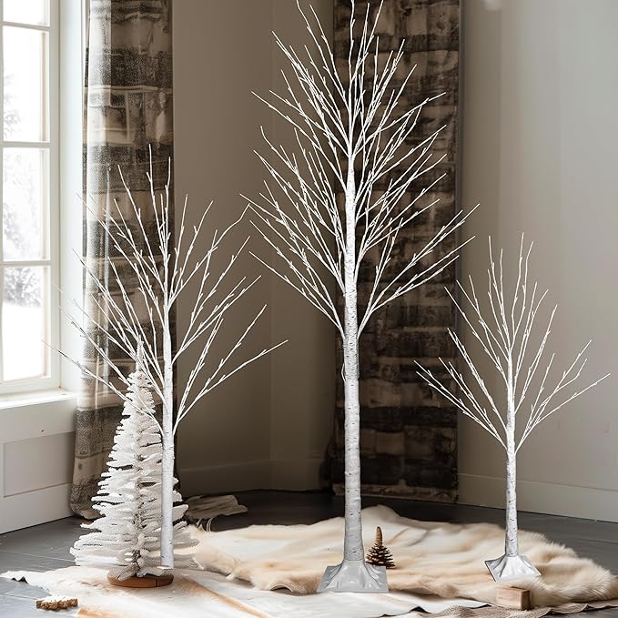 Dazzle Bright 3 Pack Light up Birch Tree, 4FT 96 LED/ 6FT 120 LED/ 8FT 240 LEDs Pre lit Birch Christmas Tree for Xmas Indoor Outdoor Home Party Garden Decor