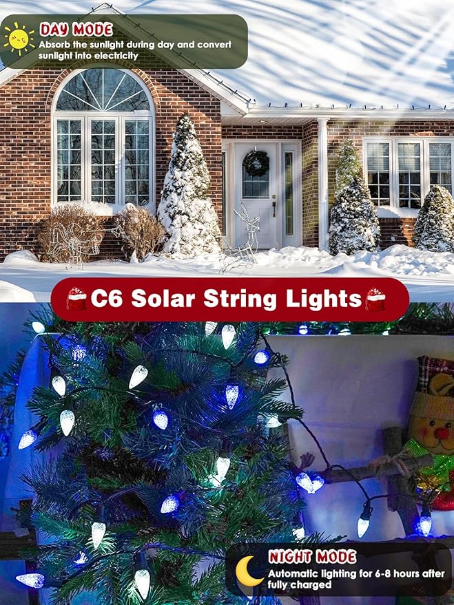 C6 Solar Christmas Lights Outdoor, 50 LED 16FT Christmas Decorations Outdoor Waterproof, Solar String Lights for Outside with 8 Modes, Fairy Twinkle Light for Tree Garden Xmas Decor (White and Blue)