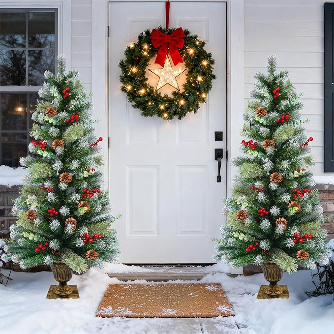 2 Set 4Ft Snowy Outdoor Christmas Entrance Tree with Timer 60 Warm Lights Battery Operated,120 Branches Tips,14 Eucalyptus,13 Smoky Pine Bristle Leaves,10 Pine Cones,9 Red Berries for Porch Front Door