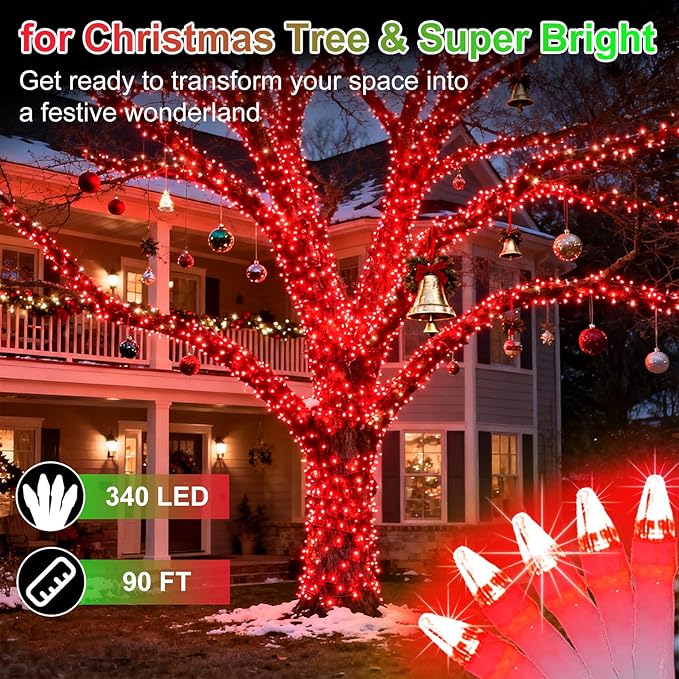 340 LED 90FT Christmas String Lights Outdoor, 12 Pro Modes and Timer Memory & Brightness, Plug in Outdoor Waterproof Clear Wire Twinkle Light for for Xmas Yard Tree Wedding Party Decor (Red)
