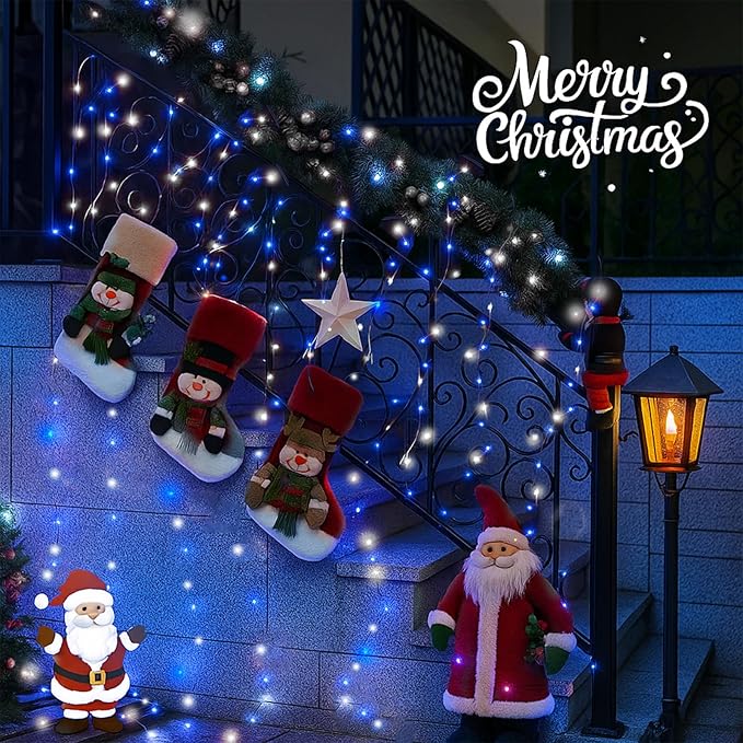 Extra-Long 144FT Solar String Lights for Outside, 2 Pack 400LED Solar Christmas Lights Outdoor, Waterproof Copper Wire with 8 Modes Twinkle Fairy Lights for Tree Party Christmas Decor (Blue and White)