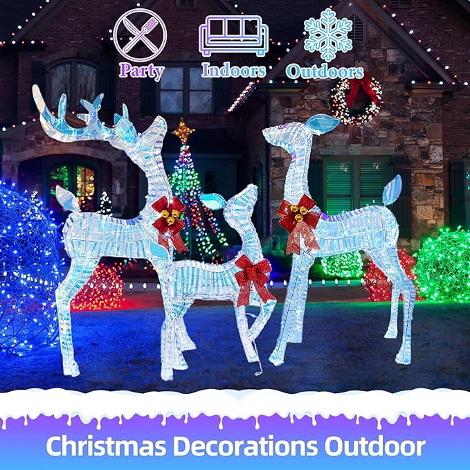 50" Outdoor Lighted Iridescent Reindeer Christmas Decorations, 3-Piece Reindeer Family Set with 210 LEDs, Ground Stakes, Durable Weatherproof Metal Frame for Yard, Garden, Indoor Holiday Decor