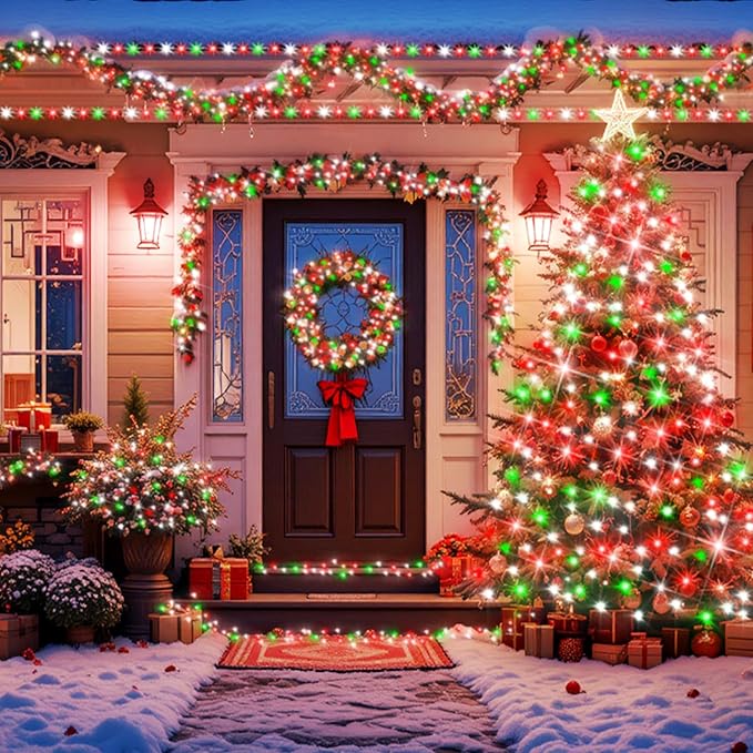 XURISEN 551FT 1400 LED Christmas Lights Outdoor Green Wire String Lights 8 Modes with Timer Memory Waterproof Fairy Light Plug in for Xmas Tree Wedding Yard Party Holiday Decorations(Red+Green+White)