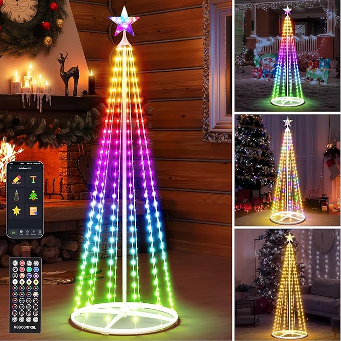 5FT Smart Cone Christmas Tree, Multicolor Prelit Outdoor Christmas Tree Lights, Music Sync, App & Remote Control, LED Light Show Tree for Indoor Outdoor Decorations