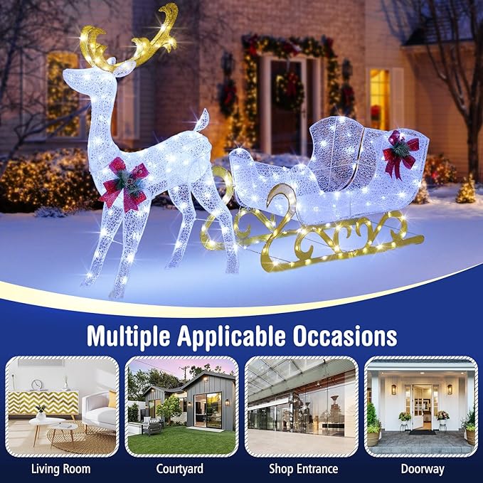 Tangkula 6 FT Christmas Lighted Reindeer & Santa’s Sleigh, Xmas Lighted Outdoor Yard Decoration with 215 LED Lights & 4 Ground Stakes, Artificial Christmas Décor for Indoor & Outdoor (Cold White)