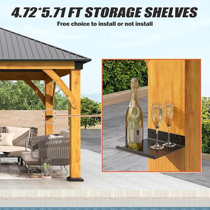 13'x15' Wood Gazebo, Spruce Wood Hardtop Gazebo with 2 Storage Shelves, Galvanized Steel Roof Outdoor Wooden Pavilion for Deck, Garden, Backyard