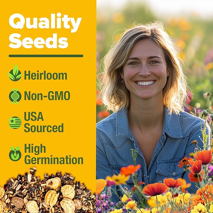 HOME GROWN Texas Wildflower Seeds 87,500+ Non-GMO Perennial Wildflower Seeds Mix for Attracting Bees, Birds & Butterflies - 22 Varieties Bulk Wild Flower Seed Mix for Full Sun & Shade Gardens (2 oz)