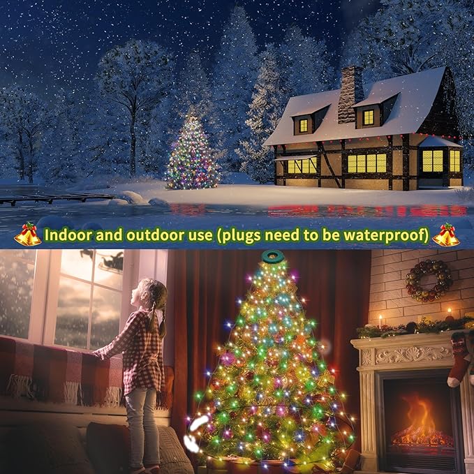 VIL Christmas Tree Lights with Ring,8.2Ft 16 Line 448 LED Green Wire Fairy Waterfall String Lights Plug in,Icicle Twinkle Lights with 8 Lighting Modes for Indoor Outdoor Xmas Tree(Multicolor)