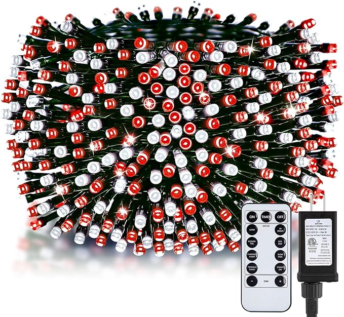 Minetom 1000 LED Christmas Tree Lights, 328 FT Green Wire LED Decorative Fairy Lights with Remote & 8 Modes, Waterproof for Outdoor Xmas Holiday Party Garden Wedding Home Decor, Red ＆ Cool White