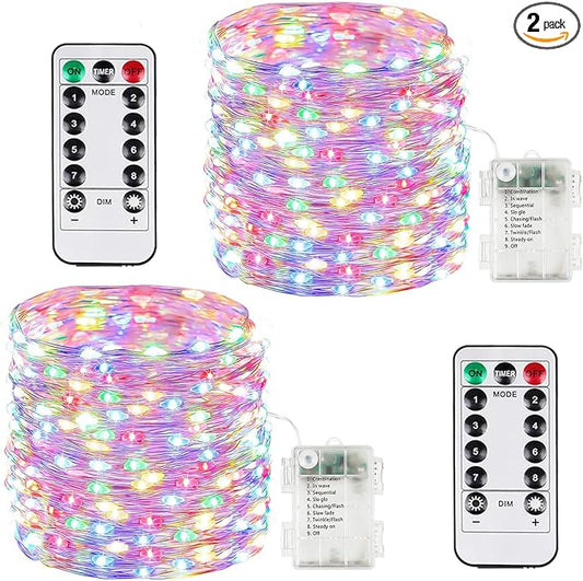 2 Pack 100LED Christmas Battery Operated Fairy Lights with Remote, 8 Modes String Lights with Timer, Dimmable, Memory Function, Waterproof Twinkle Lights for Outdoor Indoor Christmas Decor(Multicolor)