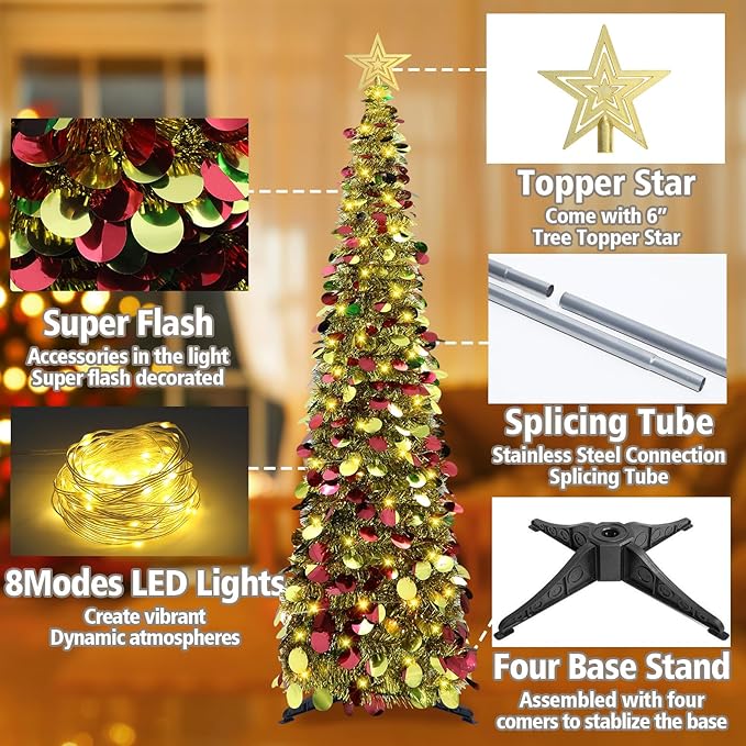 HMASYO 5 FT Pop Up Christmas Tree with Timer Lights, Gold Christmas Tinsel Tree, Collapsible Artificial Pencil Christmas Tree for Indoor Home Apartment Porch Holiday Party Decorations