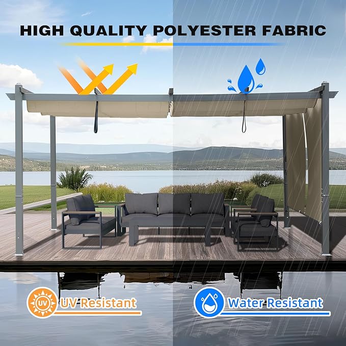 BPS 12x16 FT Outdoor Pergola - Retractable Shade Canopy with Aluminum Frame & Roller Shade Curtains for Patio, Backyard, or Deck, Khaki