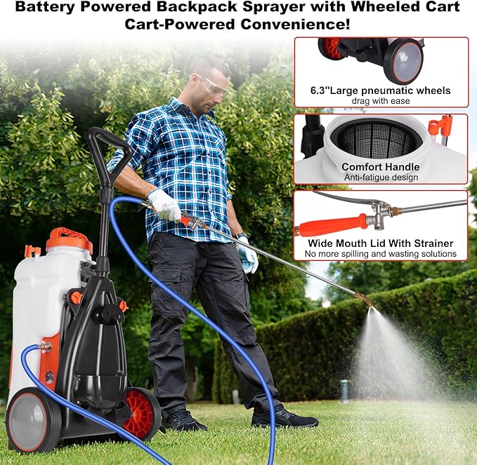 Toovem Battery Powered Backpack Sprayer 4 Gallon, Adjustable 0-94 PSI, 4FT Hose, 6 Nozzles, Weed Yard Sprayer with Wand, Electric Backpack Garden Sprayer with Wheeled Cart for Weeding, Long Spray Time