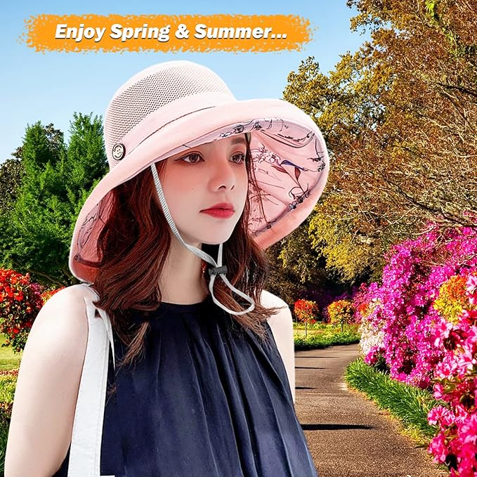 Women Wide Brim Sun Hats Metal Wired Edge Summer UV Protection Beach Fishing Hat for Hiking Garden Travel Chin Strap