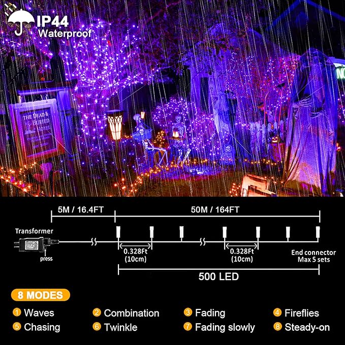 kemooie 500 LED Outdoor Fairy String Lights, 164 FT 8 Lighting Mode Plug in String Waterproof Light, for Outdoor Birthday Christmas Wedding Party Garden Balcony Decor (Purple)