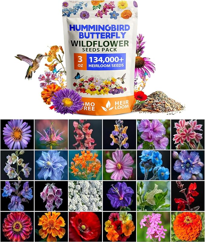 HOME GROWN Wildflower Seeds – 134,000+ Pure 𝗡𝗢𝗡-𝗚𝗠𝗢 𝗨𝗦𝗔 Seeds, No Filler – 23 Varieties Bulk Mix (3oz) for Birds & Butterflies – Annual & Perennial Wild Flowers for Fall Garden Planting