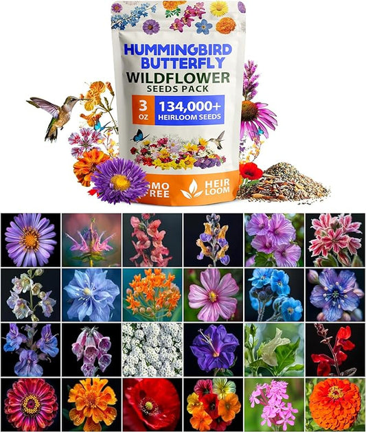 HOME GROWN Wildflower Seeds – 134,000+ Pure 𝗡𝗢𝗡-𝗚𝗠𝗢 𝗨𝗦𝗔 Seeds, No Filler – 23 Varieties Bulk Mix (3oz) for Birds & Butterflies – Annual & Perennial Wild Flowers for Fall Garden Planting