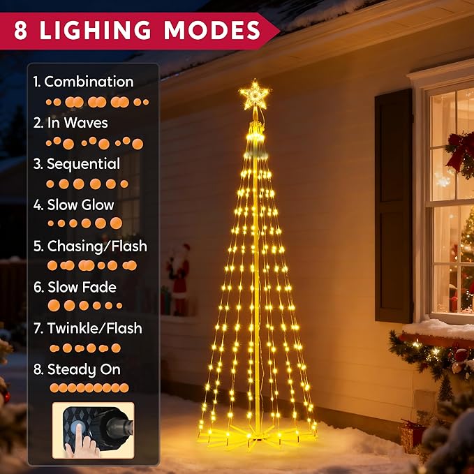 JOIEDOMI LED Christmas Cone Tree Lights, 6FT Outdoor Lighted Tree with 8 Lighting Modes & Star Topper, Christmas Decorations for Yard Porch Patio Garden Holiday Decor, Multicolor