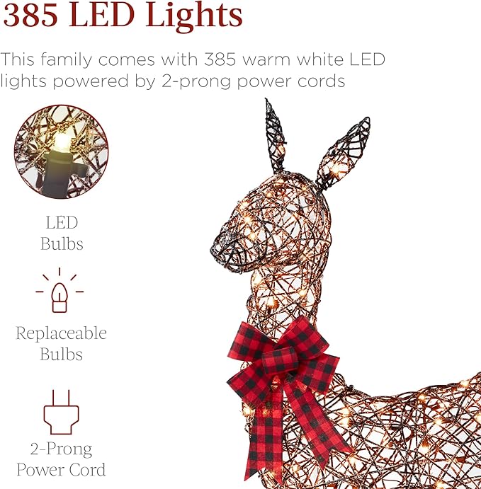 Best Choice Products 6.5ft 3-Piece Large Lighted Christmas Deer Family Set, Outdoor Yard Decoration with 385 LED Lights, Stakes, Zip Ties - Rattan