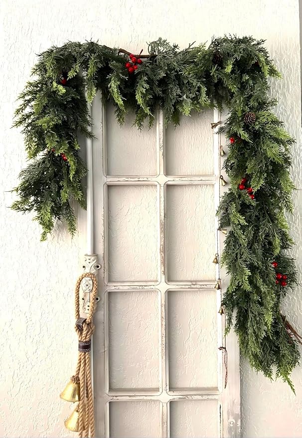 6FT Artificial Cedar Christmas Garland Real Touch Realistic Soft and Thickness Garland Faux Full Greenery Holiday Garland for Mantel, Fireplace, Front Door, Indoor Outdoor Xmas Decoration