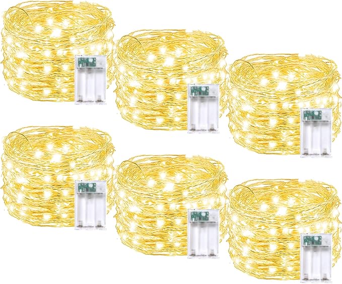 6 Pack Fairy Lights Battery Operated with Timer, Each 20FT 60LED Christmas String Lights Outdoor Indoor, Cuttable Battery Twinkle Light for Bedroom Home Wedding DIY Christmas Decorations (Warm White)