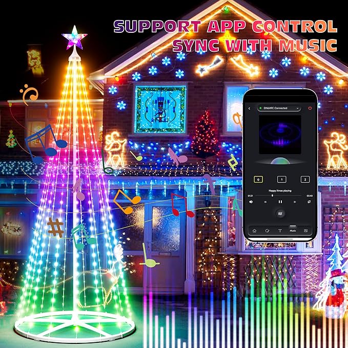 6FT Smart Cone Christmas Tree, Multicolor Prelit Outdoor Christmas Tree Lights, Music Sync, App & Remote Control, LED Light Show Tree for Indoor Outdoor Decorations