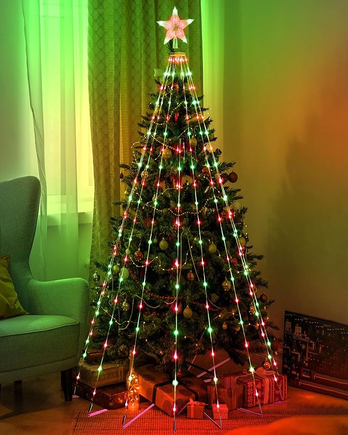 Christmas Cone Tree Light, 7ft 295 LED Light Show Christmas Tree with 8 Modes Timer Remote, Dimmable Artificial Christmas Tree for Porch Yard Patio Indoor Outdoor Xmas Holiday Decor, Red & Green