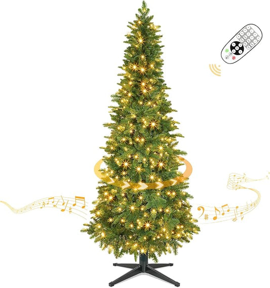 6.5ft Prelit Rotating Artificial Pencil Slim Christmas Tree with Remote Timer & Dimmer, Multi-Color LED Lights, PE & PVC Branches for Holiday Decor