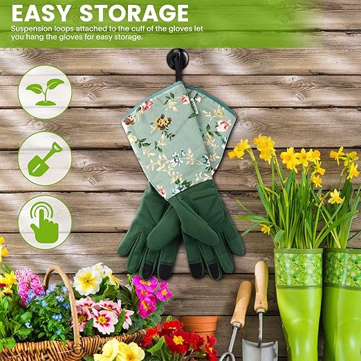 Gardening Gloves for Women, Comfortable Floral Long Sleeve Garden Gloves for Gardening and Outdoor Work, Durable Leather Long Gardening Gloves, Great Gift Ideas for Ladies, Green Print (Large)