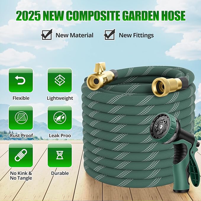 50 ft Garden Hose, 2025 Upgarded Flexible Water Hose 50ft With 10-Pattern Spray Nozzle, Kink-Free, Lightweight, Durable, Leak-Proof Solid Brass Fittings (DarkGreen)