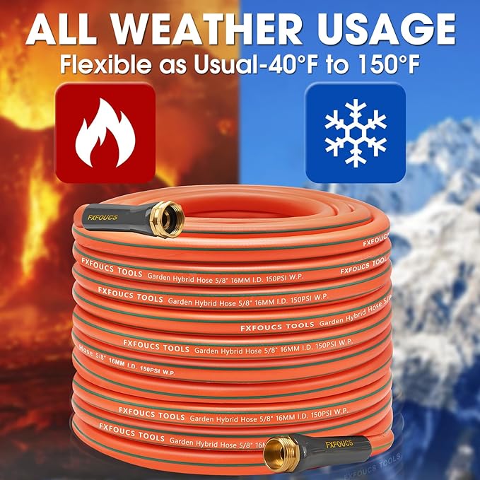 Heavy Duty Garden Hose – 5/8 Inch Flexible, Lightweight Hybrid Hose with 600 PSI Burst Pressure, Swivel Handle, and Durable Copper Male/Female Fittings (Orange, 100FT)
