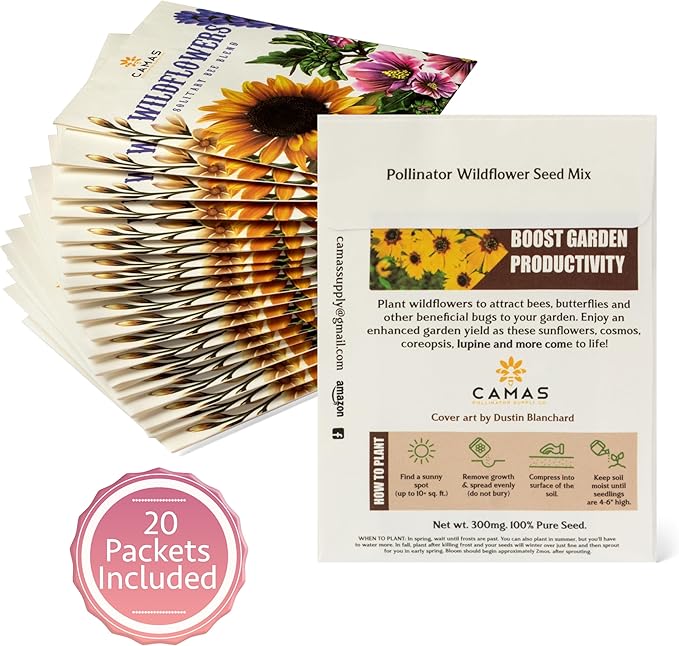 Camas- Pollinator Wildflower Seed Packets - (20) Party Favors to Attract Bees, Butterflies, and Hummingbirds to Your Plant and Flower Garden-Annual Wildflower Mix