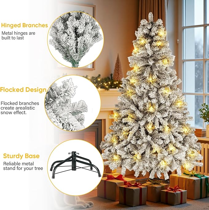 Northroad 6ft Pre-lit Flocked Christmas Tree with Incandescent Warm White Lights, Artificial Xmas Tree W/850 Branch Tips, 250 Lights & Foldable Stand