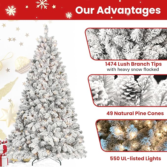 7.5 ft Prelit Flocked Christmas Tree, Lighted Full Christmas Tree with Pine Cones & 550 UL Lights, Snow Frosted Artificial Christmas Tree with Lights, Auto Hinged Xmas Tree for Holiday Décor