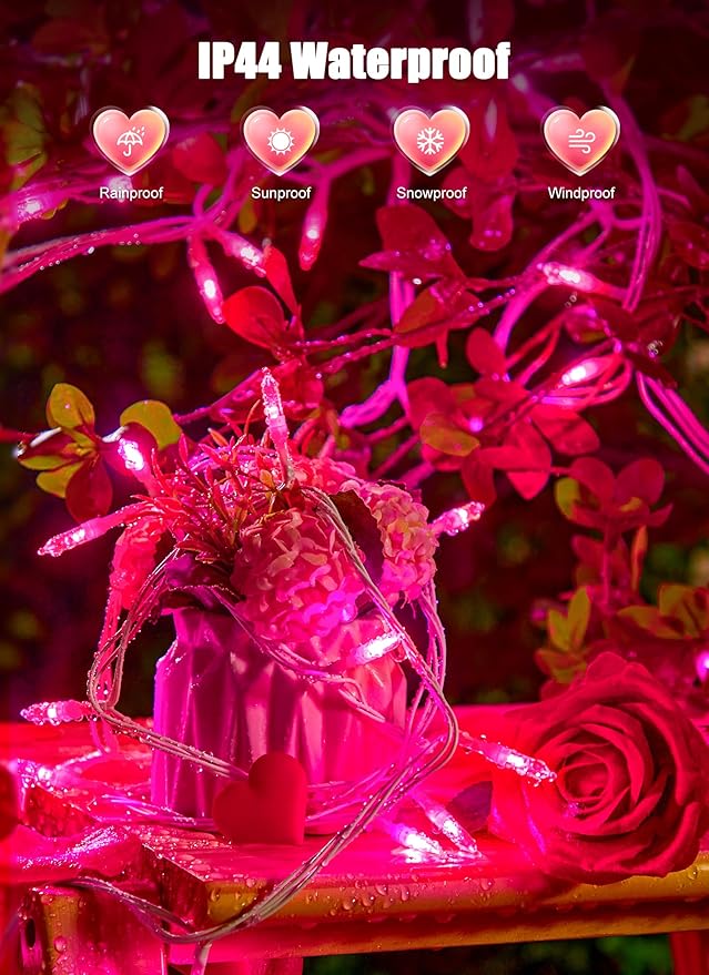 Minetom Valentines Decor Pink Lights, 39 Feet 100 LED Mini Valentines String Lights USB Operated, Waterproof Tree Lights Indoor for Home Bedroom Holiday Decorations
