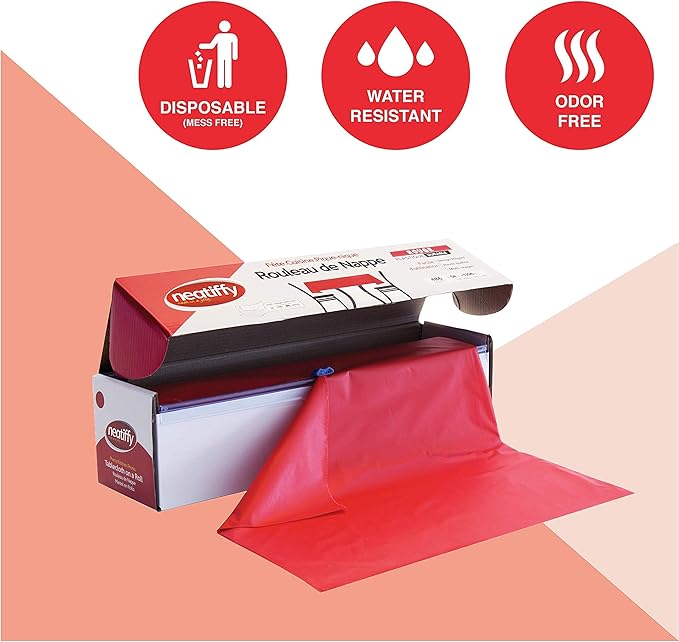 Neatiffy Disposable Plastic Table Cloth Roll | 54 in x 108 Ft Waterproof Tablecloth | Table Cover for Rectangle, Square, Round Oval Tables | Picnic, Party, Banquet, Birthdays, Weddings - Red